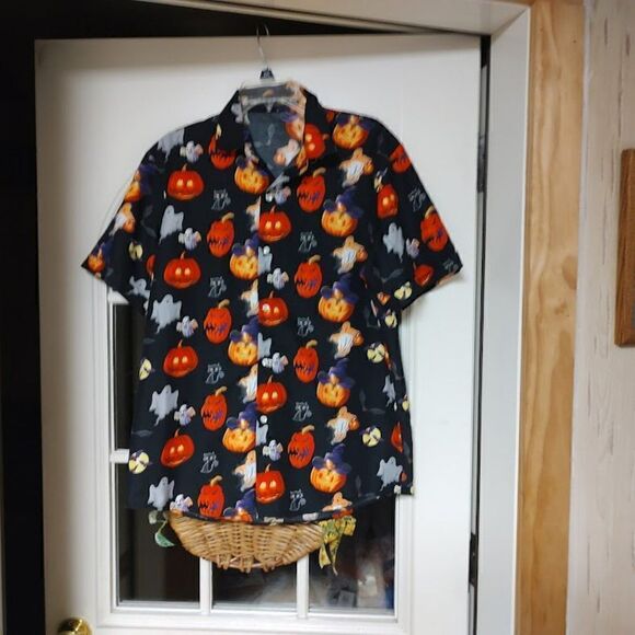 New SSLR Halloween Designed Black Short Sleeve Button Down Shirt Men's M - Picture 1 of 2